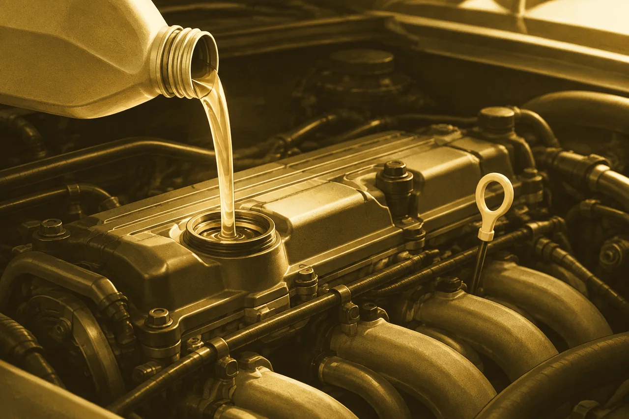 Illustration of golden motor oil pouring into the filler of a classic engine