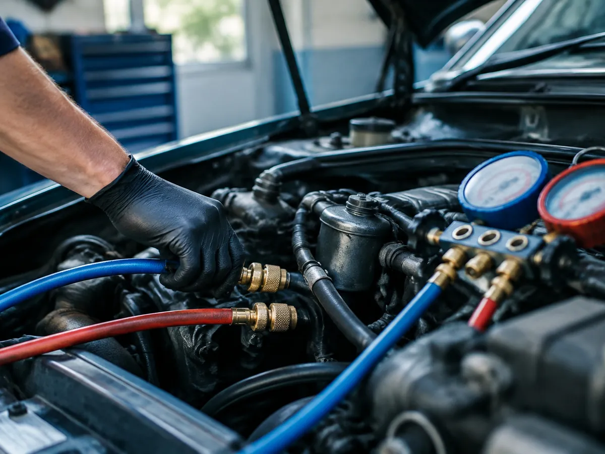 Air conditioning service gauges and hoses connected in an engine bay
