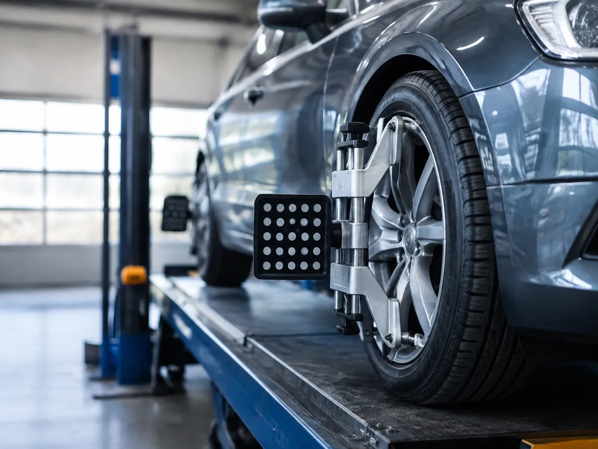 A wheel alignment target clamped to a car's front wheel on an alignment rack