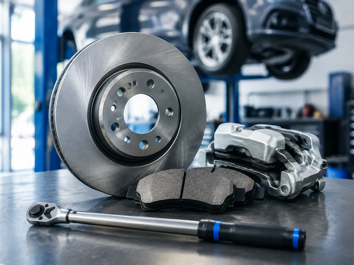 A new brake rotor, brake pads and a caliper on a workshop bench