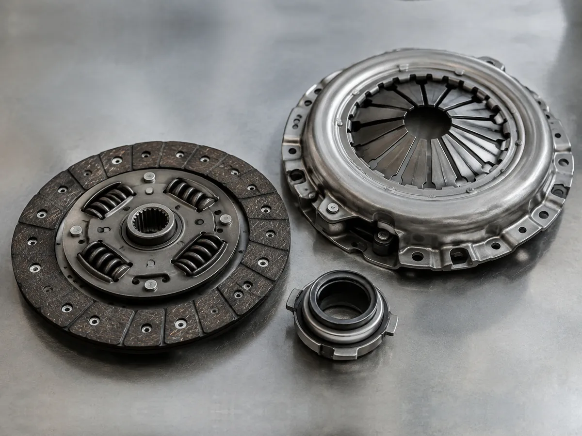 A new clutch kit laid out on a steel workbench: friction disc, pressure plate and release bearing