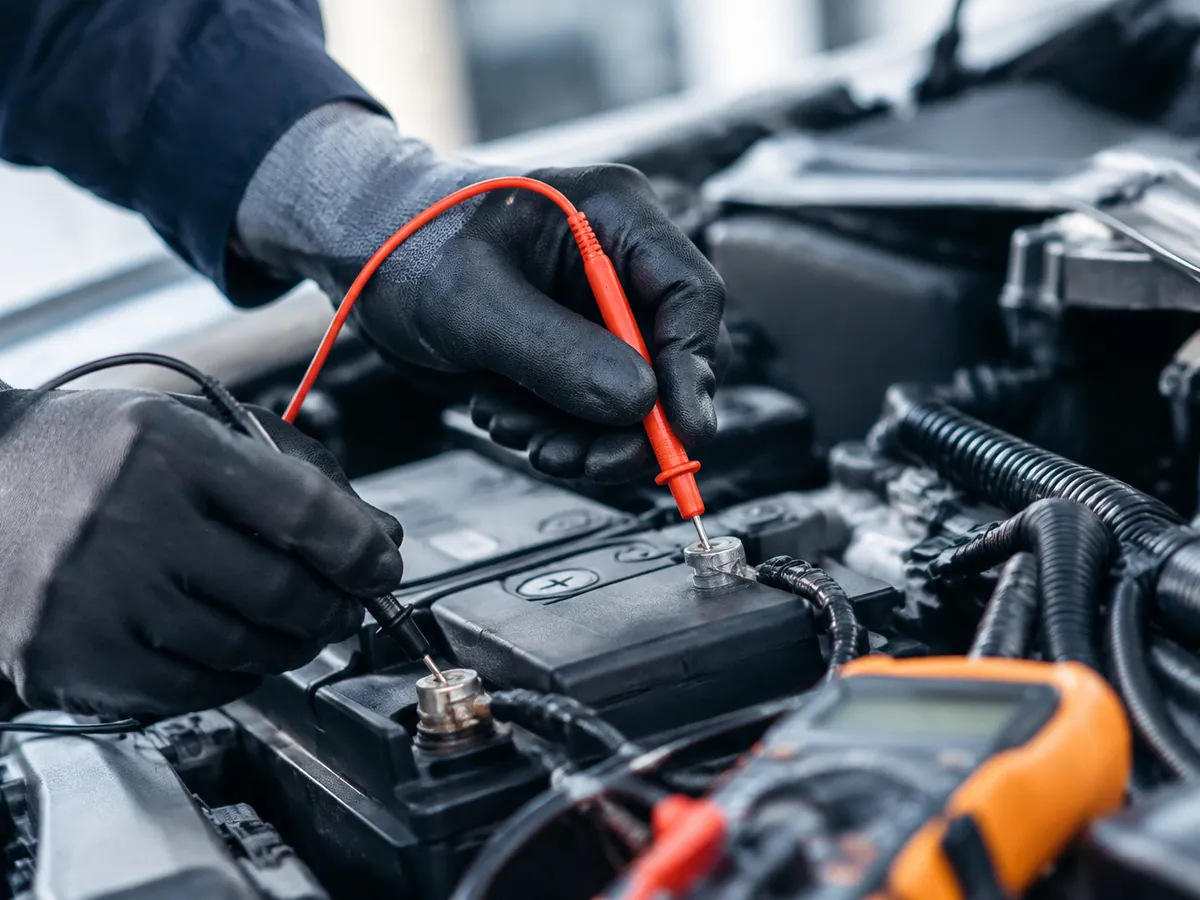 Gloved hands holding multimeter probes on a car battery's terminals