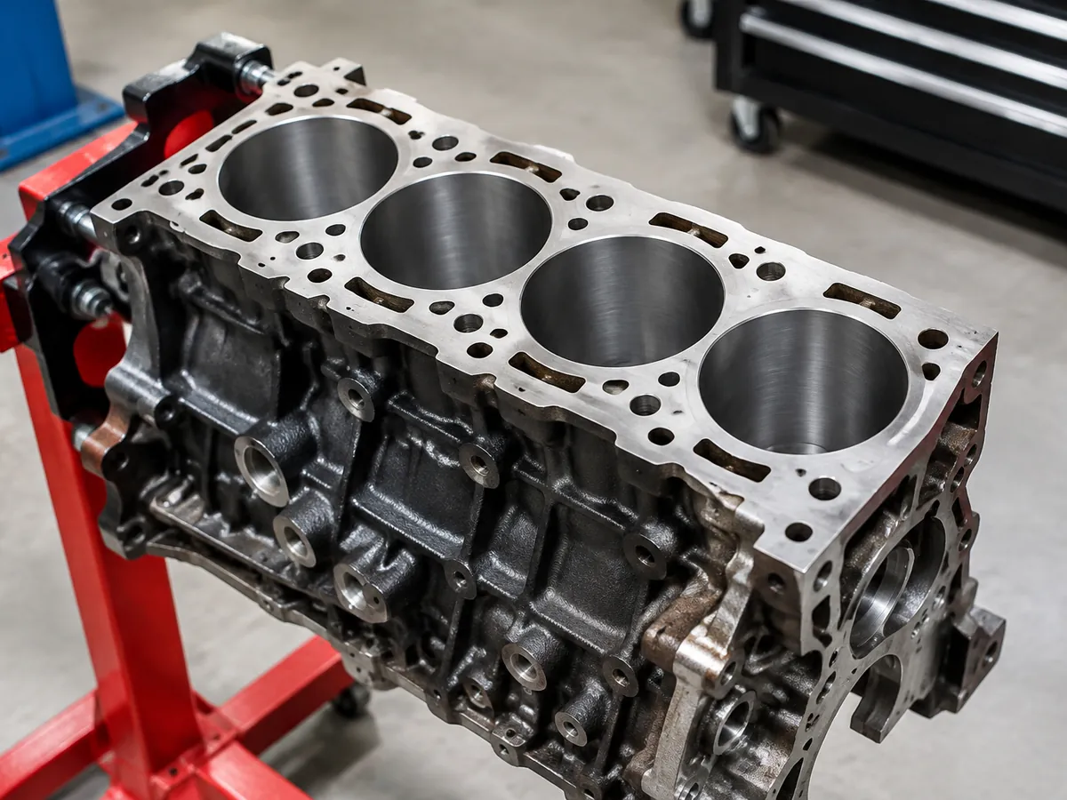 A bare four-cylinder engine block on a red engine stand in a workshop, its four cylinder bores freshly honed