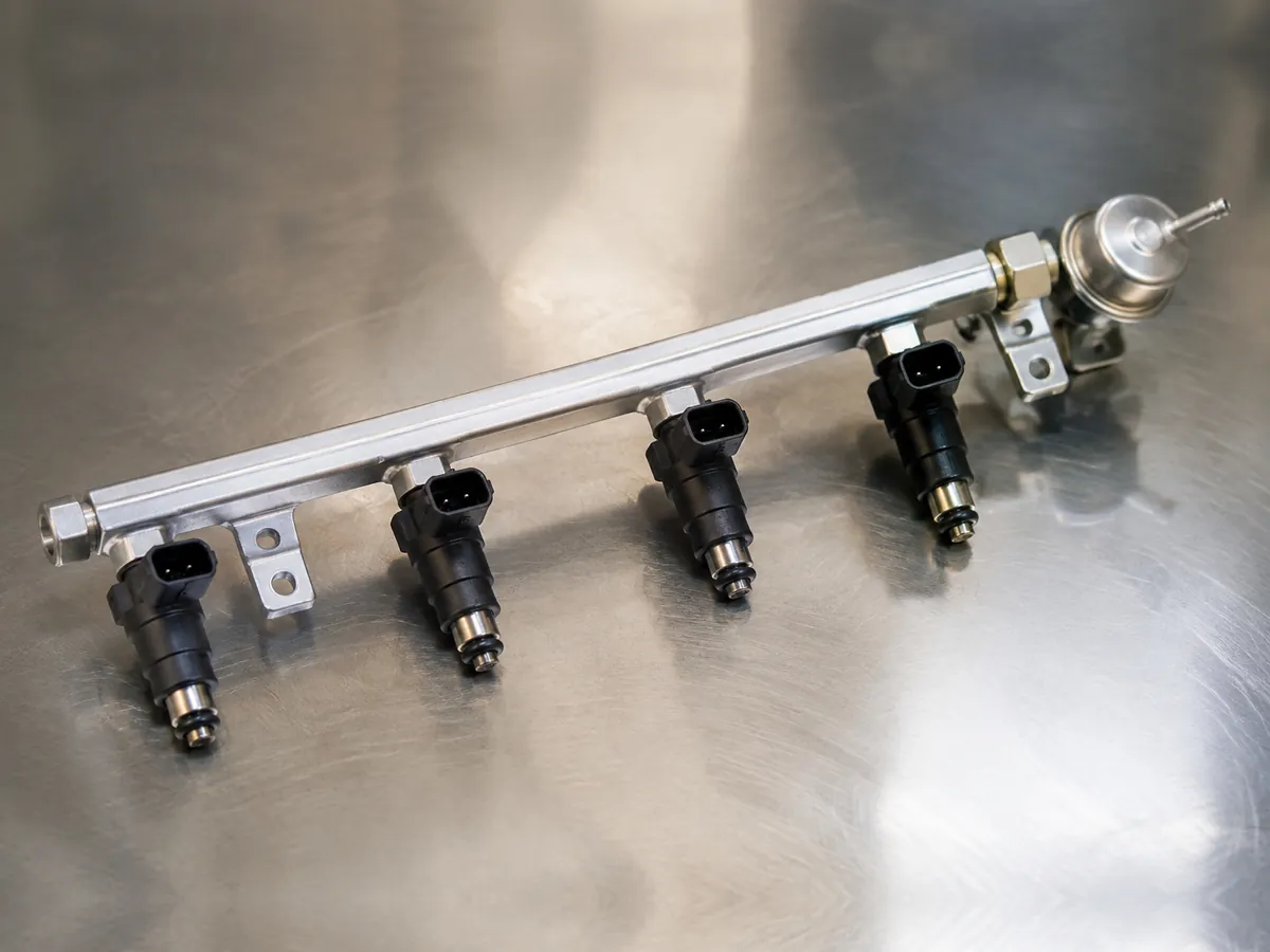 A fuel rail with four fuel injectors and a pressure regulator on a steel workbench