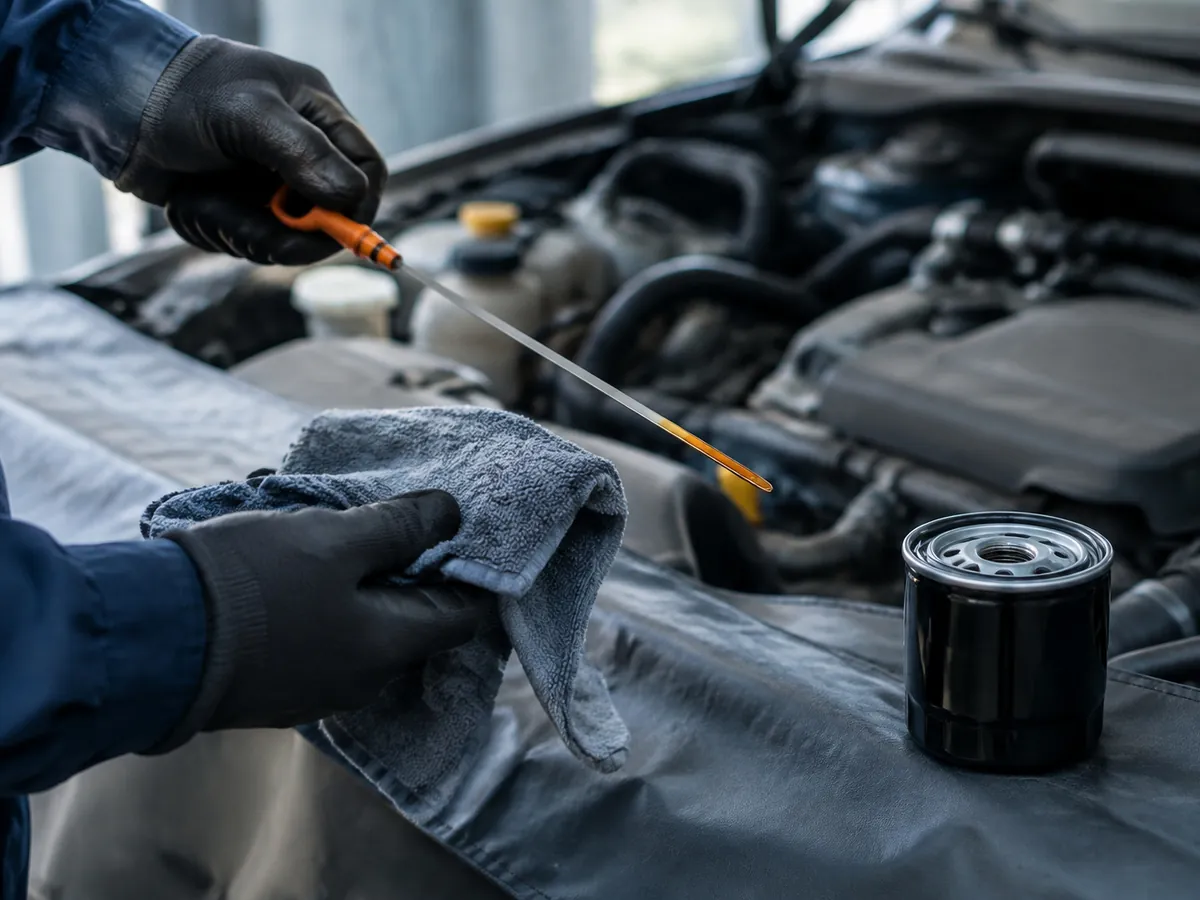 Close-up of gloved hands checking an oil dipstick, with a new oil filter beside the engine
