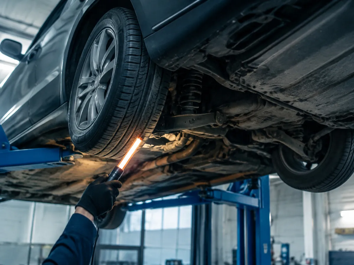 A car raised on a lift while a gloved hand holds an inspection lamp to the underside