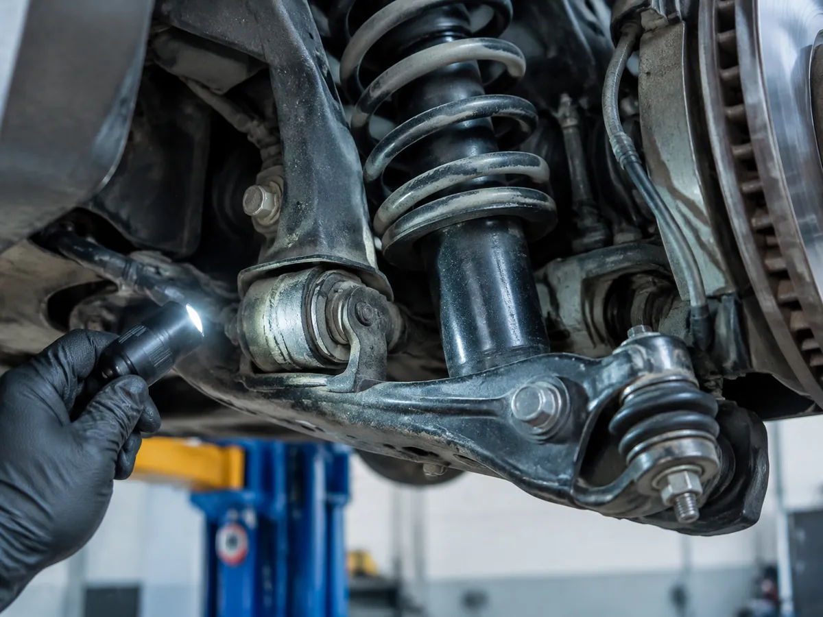 A gloved hand shining a flashlight on a car's front suspension: spring, strut and control arm