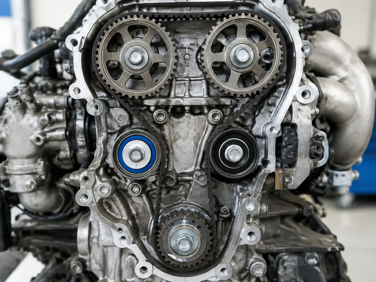 The front of an engine with its cover off: a timing belt running around two camshaft sprockets, a tensioner, an idler pulley and the crankshaft sprocket