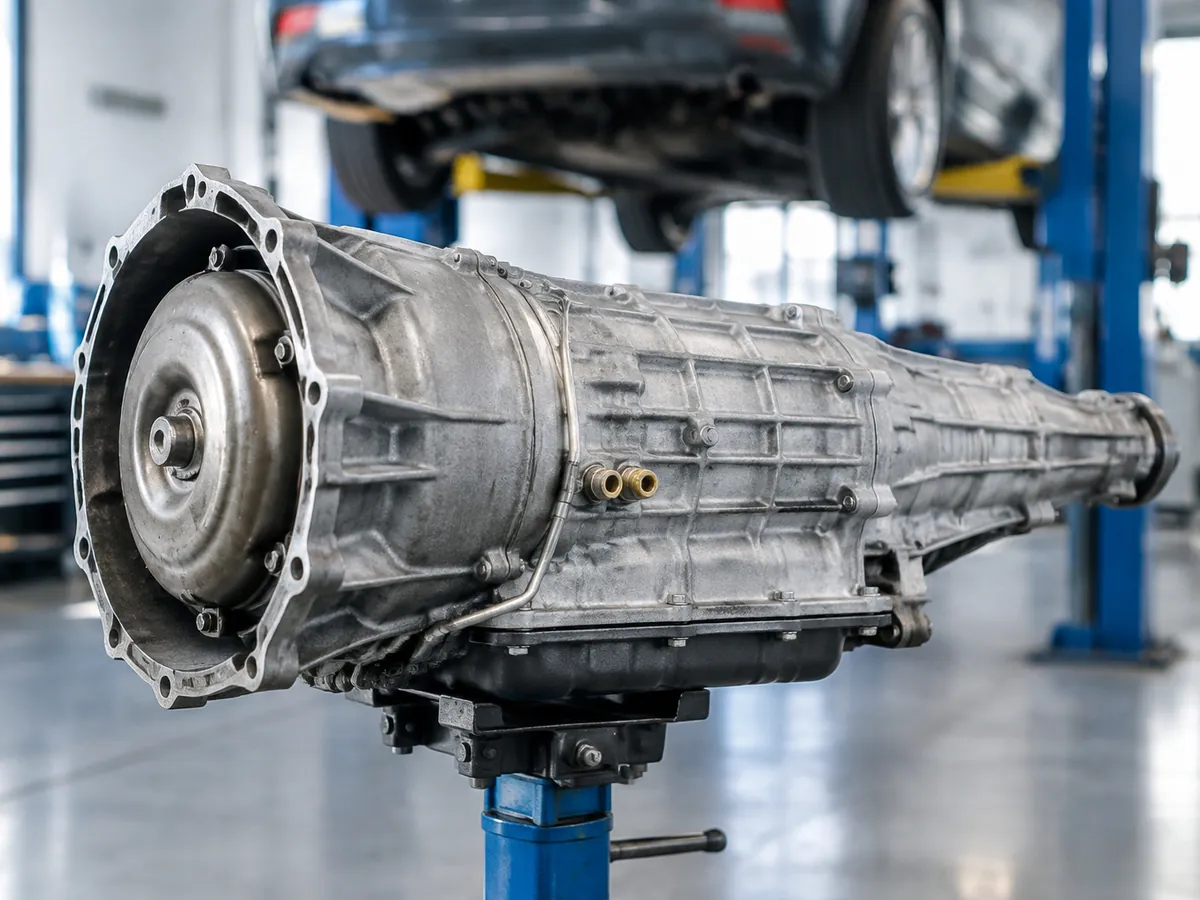 A complete automatic transmission on a stand in a workshop, with its bell housing and torque converter facing the camera