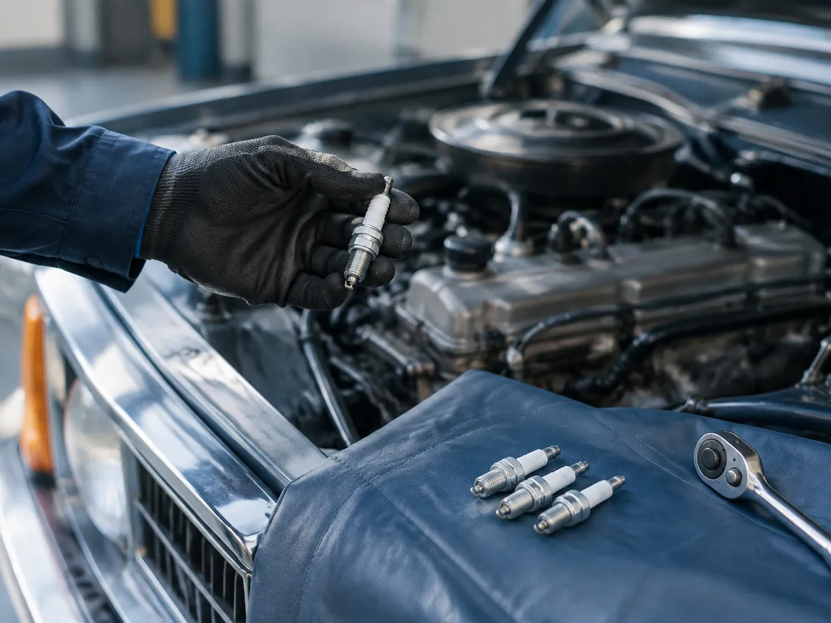 Close-up of a gloved hand holding a new spark plug over an open engine bay